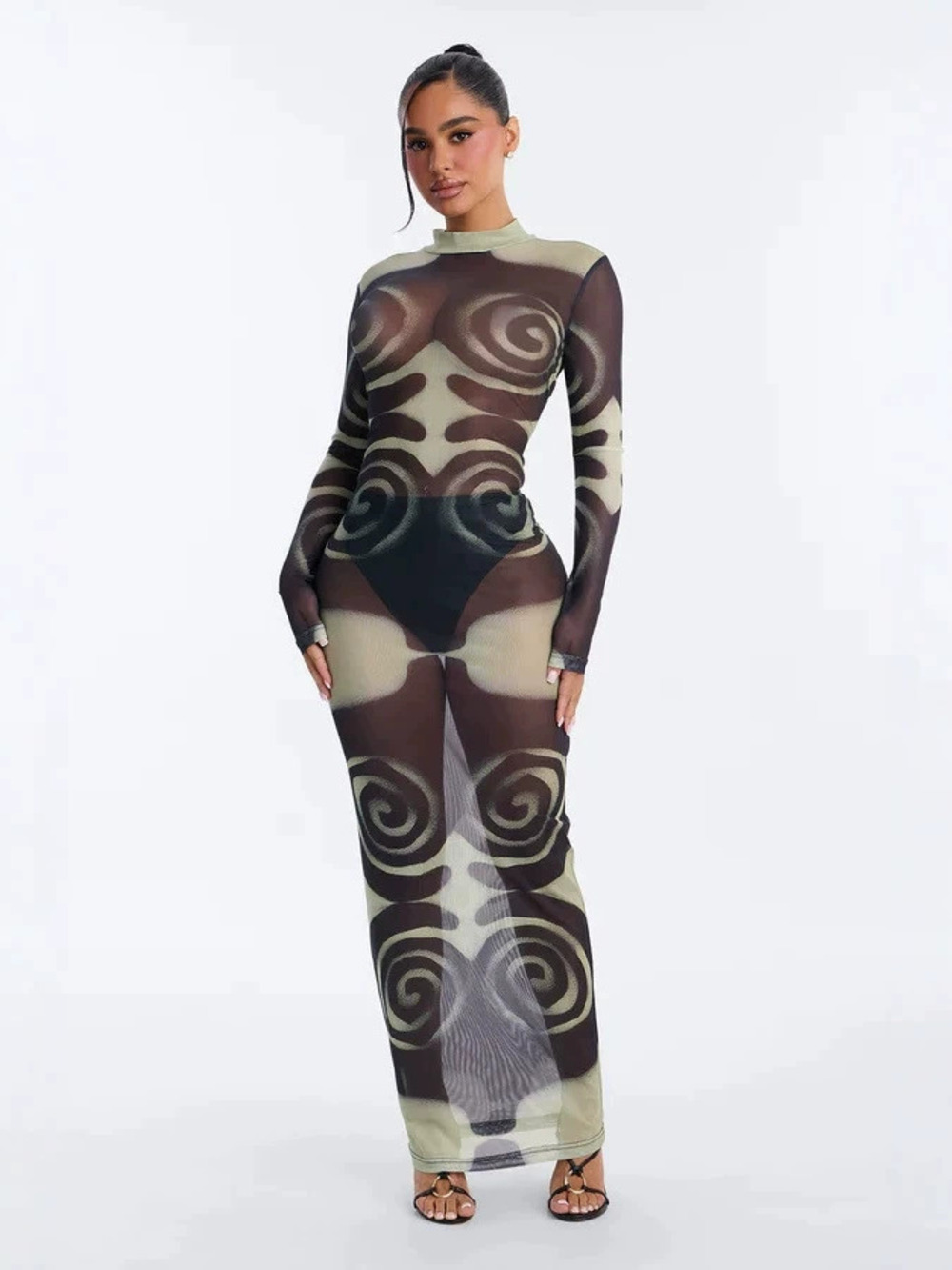 Forever 21 European Sheer Mesh Printed Round Neck Long Sleeve Dress Factory